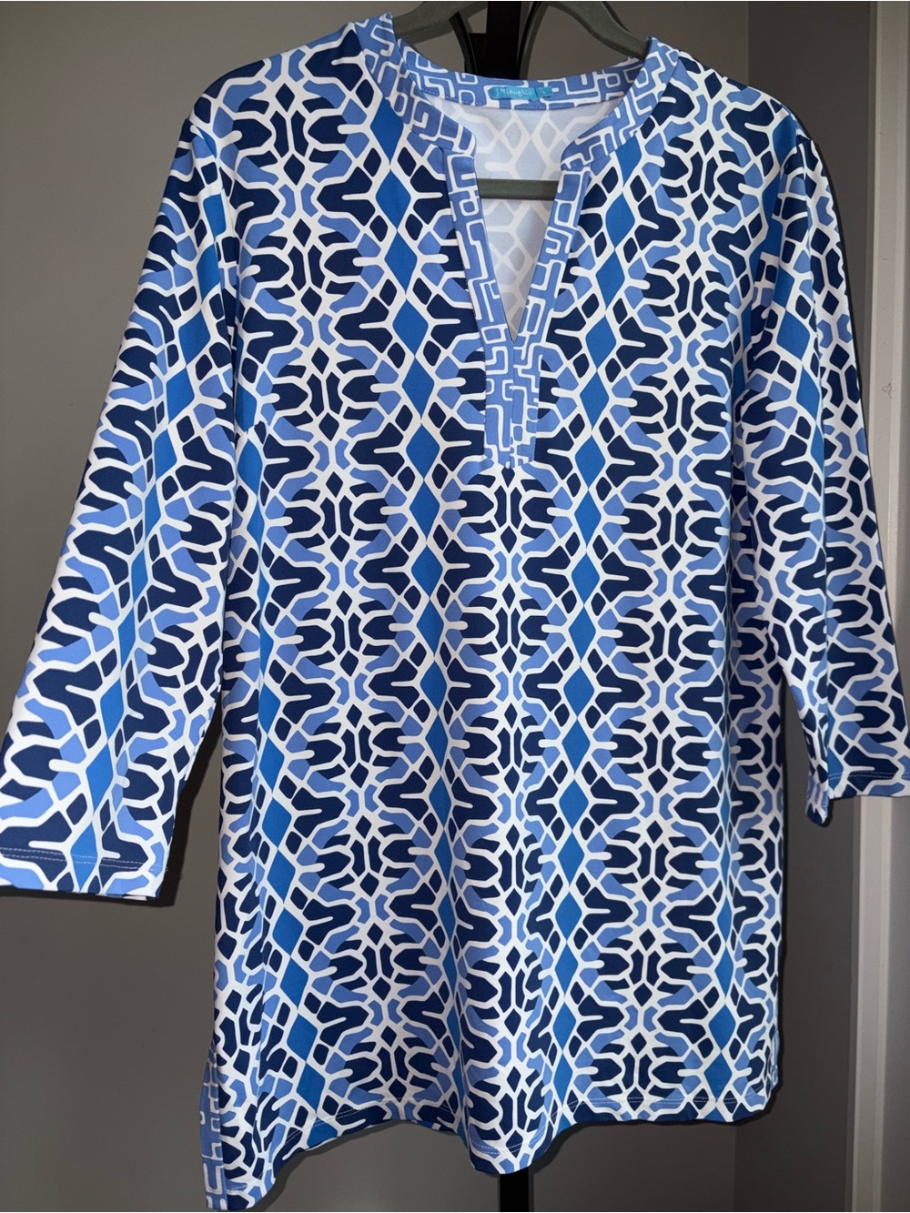 J. McLaughlin Catalina Cloth Tunic Size Large Blue White Geometric Top Coastal